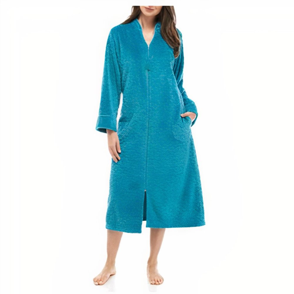 LAST ONE-Miss Elaine  Fleece Long Zipper Robe- Teal NWT - Picture 2 of 10